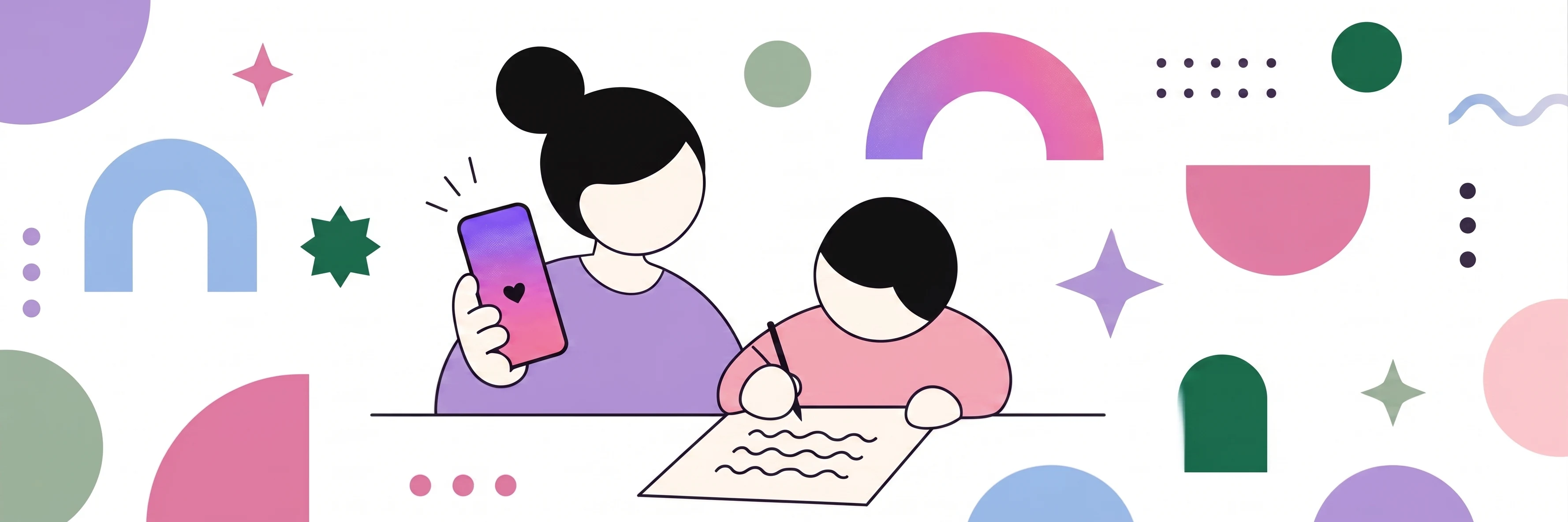 A parent holds a phone while their child writes on paper at the table. The Spellexi practice loop in one image.